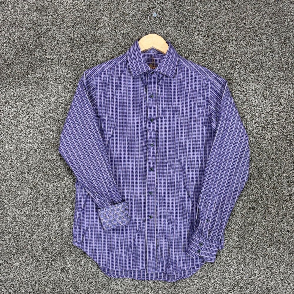 Robert Graham Shirt Mens S Classic Fit Purple Striped Houndstooth Flip Cuff